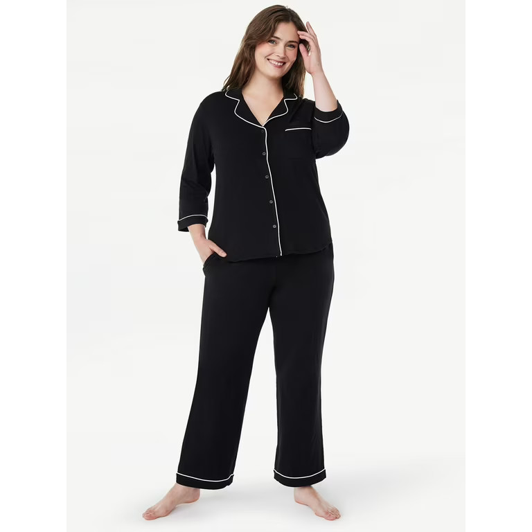 Joyspun Women’s Knit Notch Collar Top and Pants Pajama Set, 2-Piece, Sizes S to 4X - Walmart.co... | Walmart (US)
