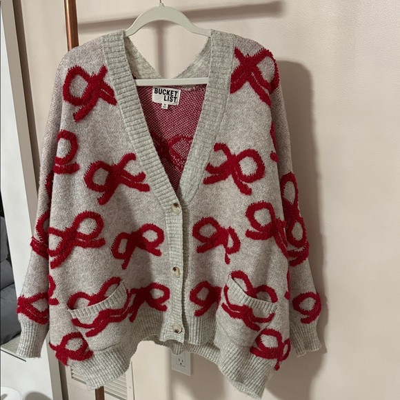 BUCKETLIST Women's Cardigan in Gray and Red BOW | Poshmark