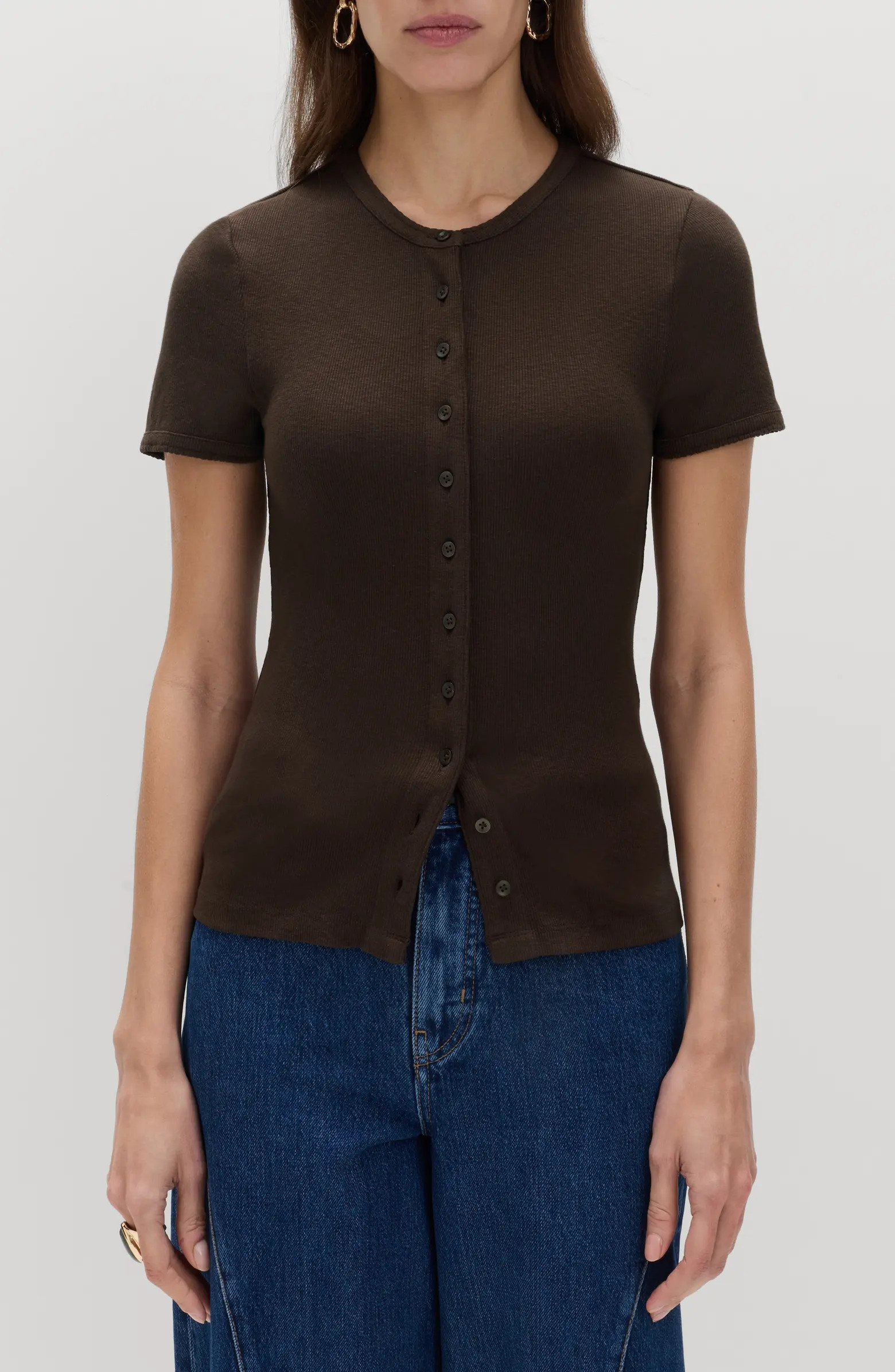 Rib Short Sleeve Button-Up Top | Nordstrom