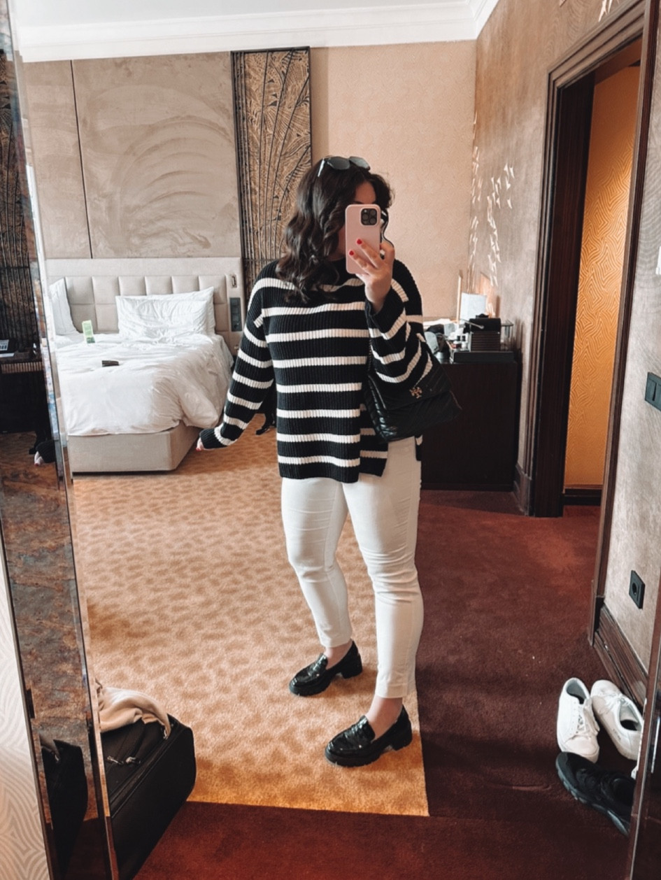 #stripe #stripedsweater #loafers #blackandwhiteoutfit 