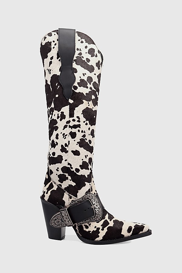 Dingo Spur Crazy Buckled Leather Cowboy Boot in Cow Print, Women's at Urban Outfitters | Urban Outfitters (US and RoW)