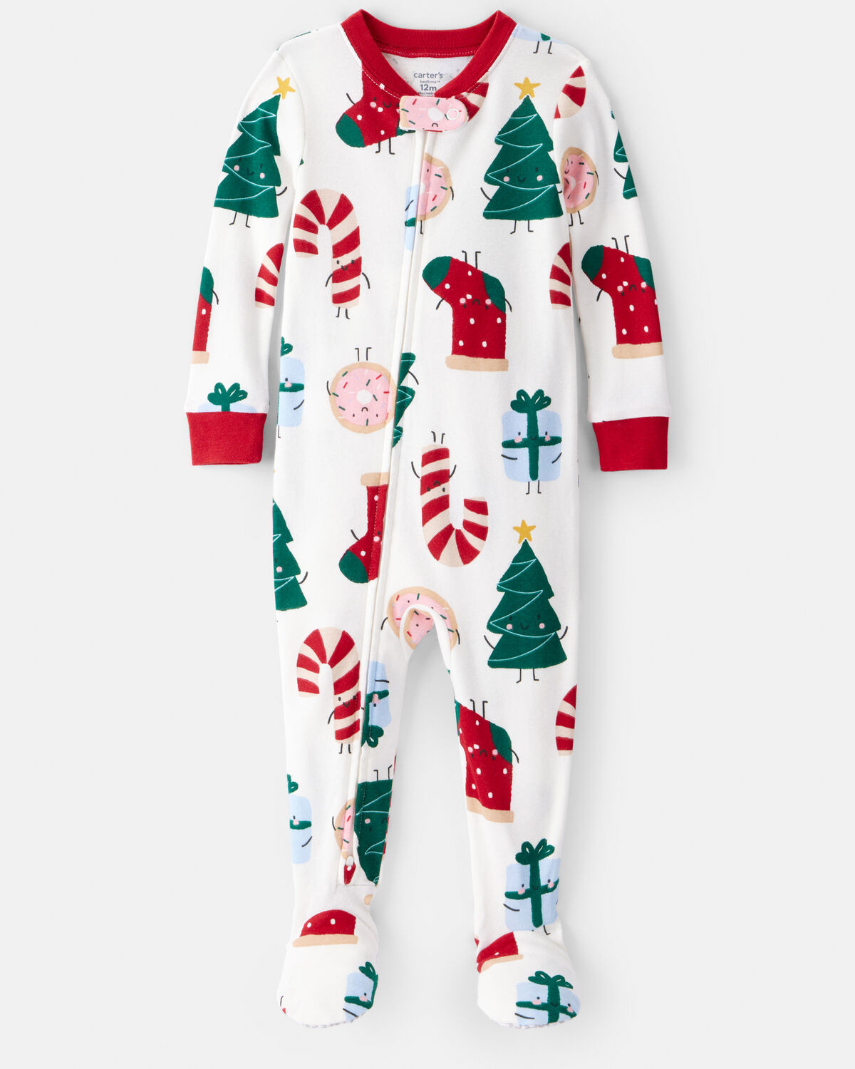 Baby Festive Friends Christmas 100% Cotton Long-Sleeve Snug Fit 2-Way Zip 1-Piece Pajamas - White | Carter's Inc