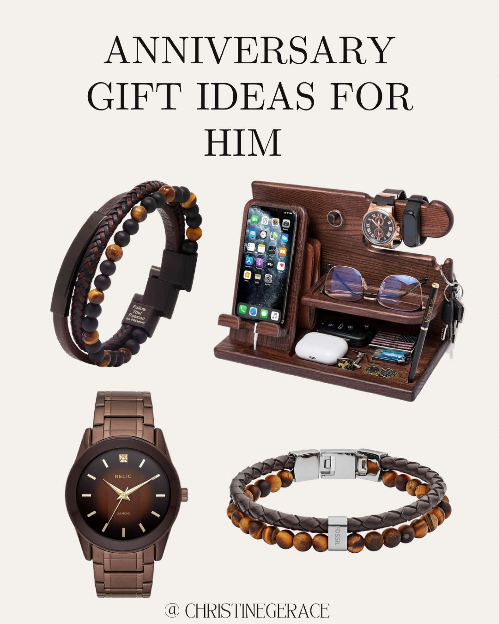 Anniversary Gift ideas for him 🤍 

Watch, Bead bracelet, wood phone docking station 

#anniversary #giftguide #giftsforhim 

#LTKGiftGuide #LTKFindsUnder50 #LTKFindsUnder100