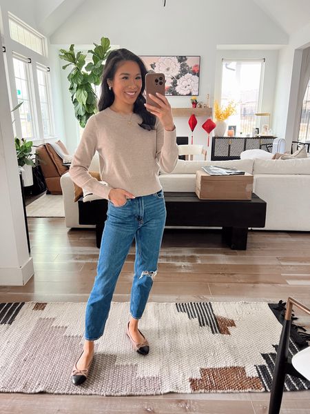 Casual Mom outfit with a cashmere sweater, Mom jeans and cap toe ballet flats. Wearing size XS in the sweater, 24 short in the jeans which are petite friendly and the shoes fit true to size. 

#LTKshoecrush #LTKsalealert