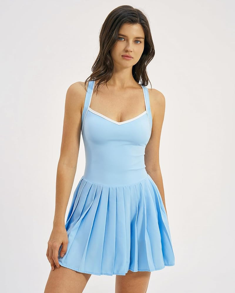 QINSEN Womens V Neck Pleated Tennis Dresses Built in Shorts Cross Back Sleeveless Athletic Dress ... | Amazon (US)