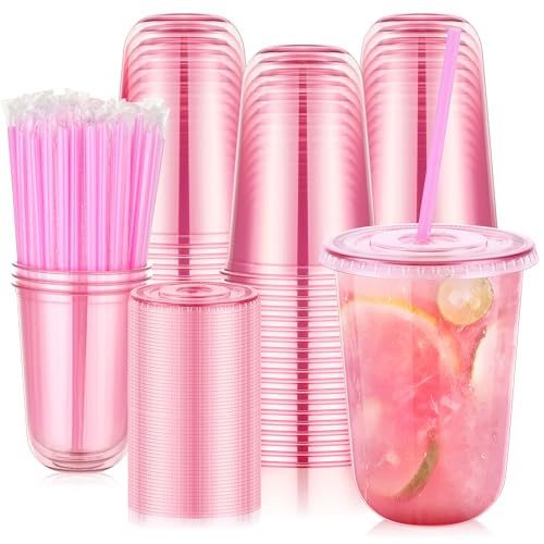 tchrules 100 Set 16oz Plastic Cups with Lids & Straws, Disposable Pink Clear Iced Coffee Cup with Lid, Round Bottom Plastic To Go Cups for Cold Drinks Slushie Smoothie Valentine Holiday Party Supplies | Amazon (US)