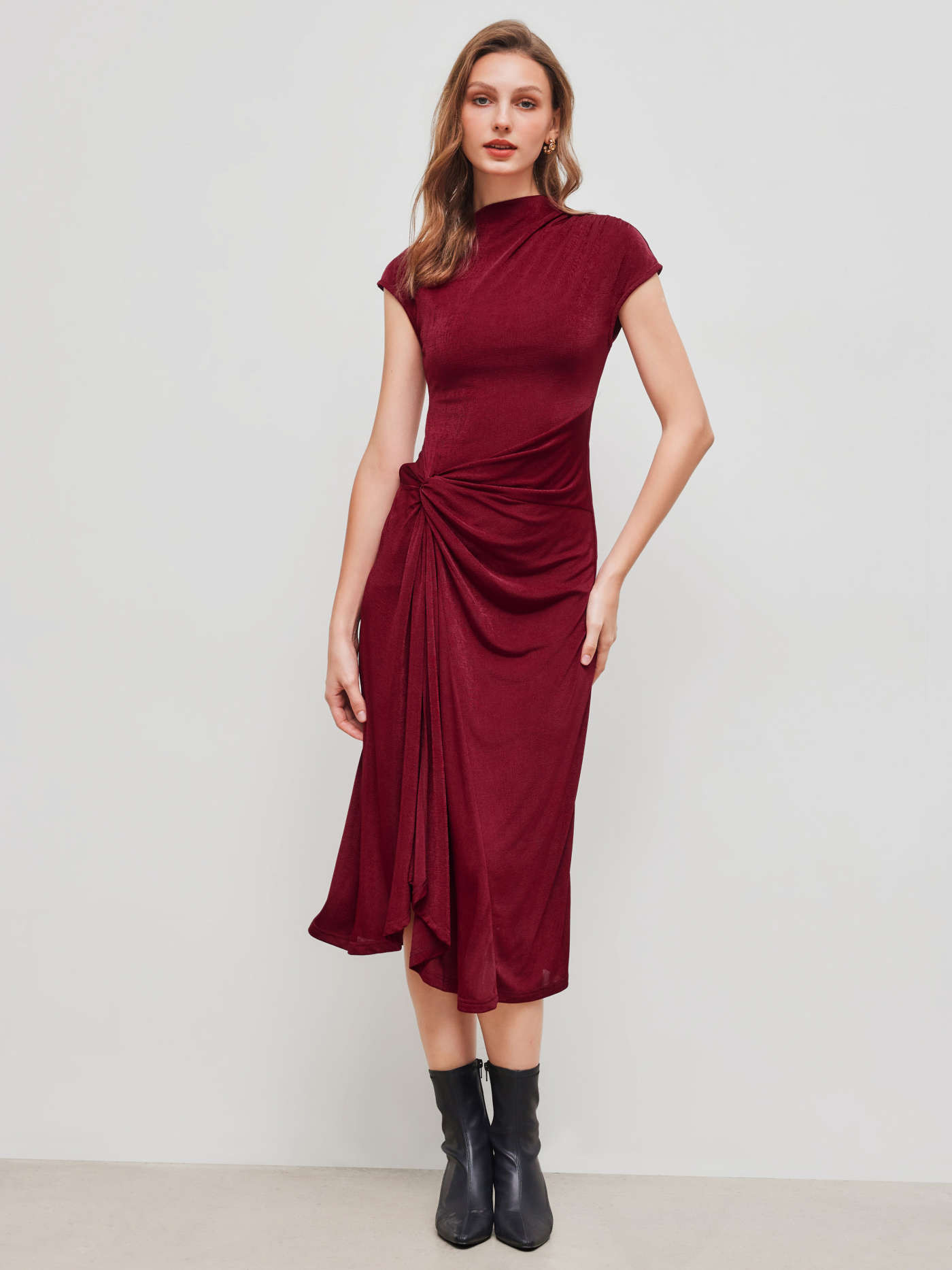 Knit Fabric High Neck Solid Twist Ruched Split Maxi Dress For Party/Clubbing Holiday | Cider