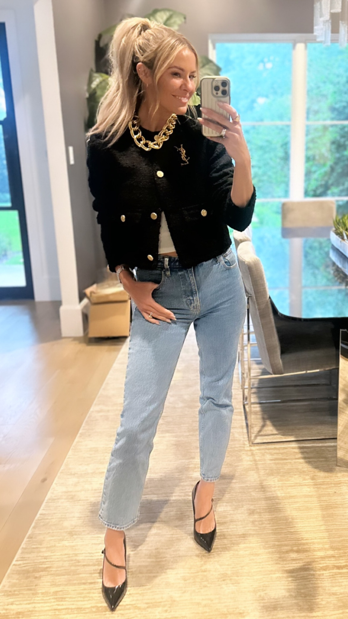 Been waiting to bust out this tweed jacket for almost 2 months. Today was the day! Love this lady like denim vibe! Add a brooch & statement necklace to give it some elevated glam! // Sizing: jacket/small, tank/small, jeans/25 short ( so they hit at the ankle which is the most chic spot on your leg when wearing with a stiletto!) 