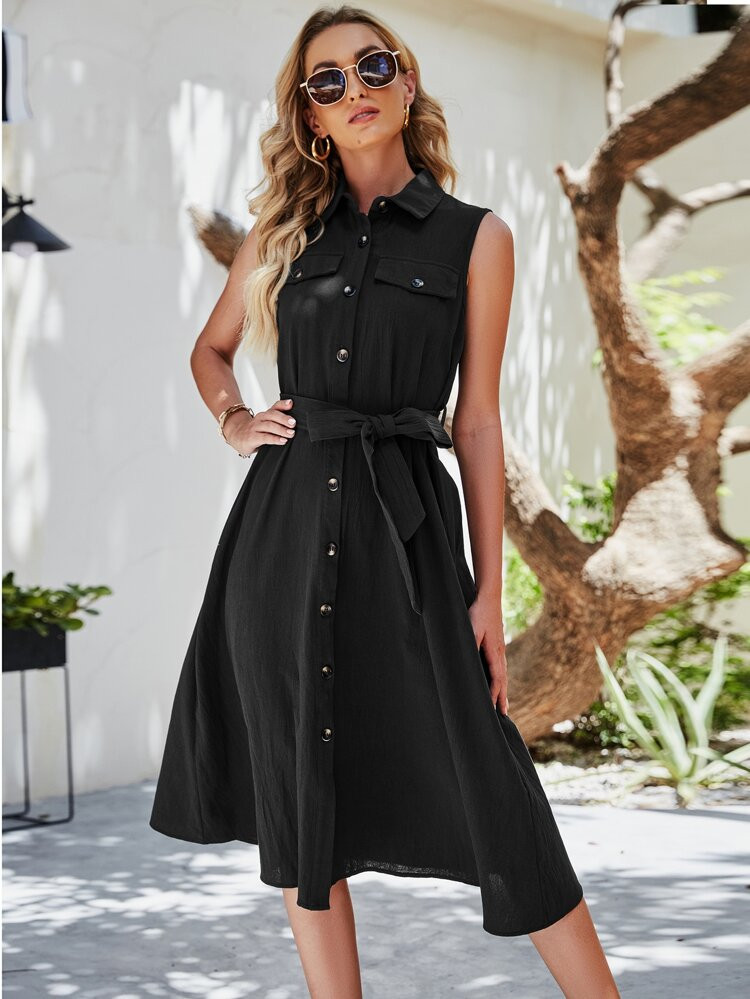 Solid Button Through Belted Denim Dress | SHEIN