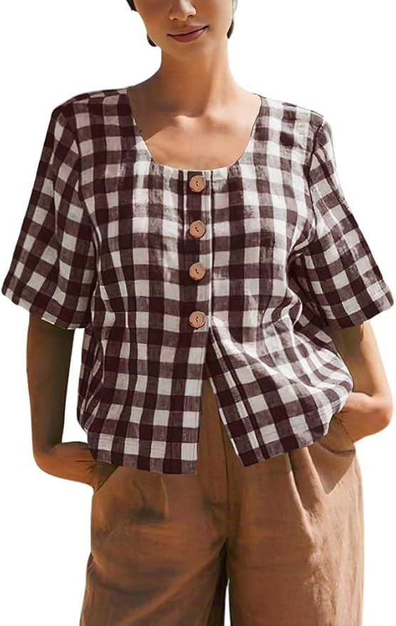 chouyatou Women's Gingham Button Down Shirt Cotton Shirt Plaid Blouses Short Sleeve Summer Tunic ... | Amazon (US)