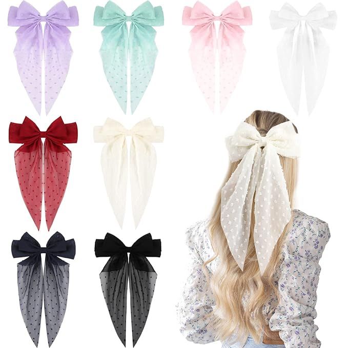 8Pcs Big Satin Layered Hair Bows for Women Girls 8 Inch Barrette Hair Clip Long Black Ribbon Bows... | Amazon (US)