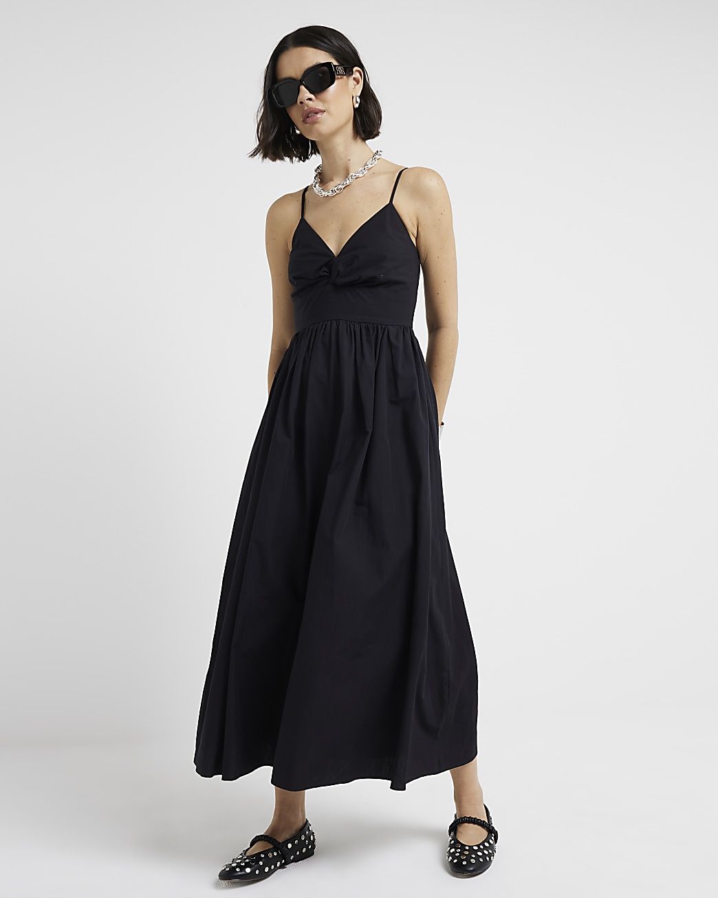 Black twist front skater midi dress | River Island (UK & IE)