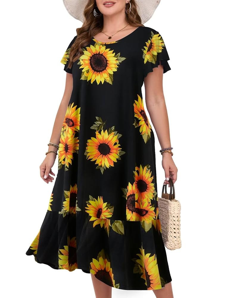 MONNURO Women Summer Causal Ruffle Short Sleeve T Shirt Maxi Beach Long Dress with Pockets | Amazon (US)