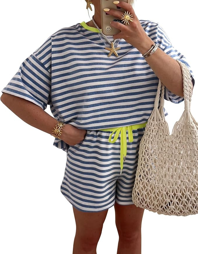 miduo Womens Two Pieces Sets Striped Crewneck Short Sleeve Tee Tops High Waist Drawstring Short S... | Amazon (US)
