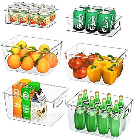 Huolewa Set Of 6 Clear Pantry Organizer Bins, 4 Large and 2 Small Refrigerator Organizer Bins wi... | Amazon (US)