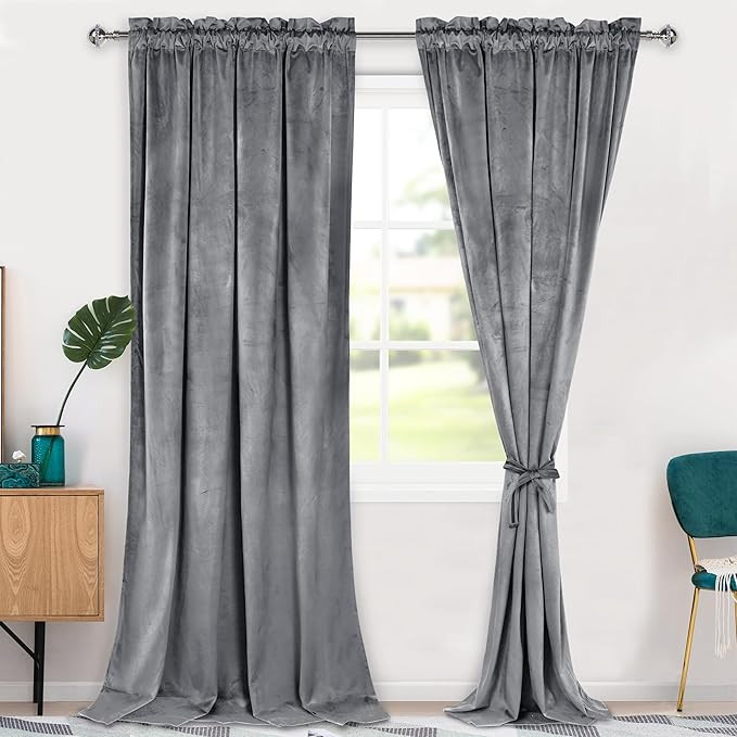 Hiasan Grey Velvet Curtains 96 inches-Blackout Thermal Insulated Solid Soft Curtains for Bedroom ... | Amazon (US)
