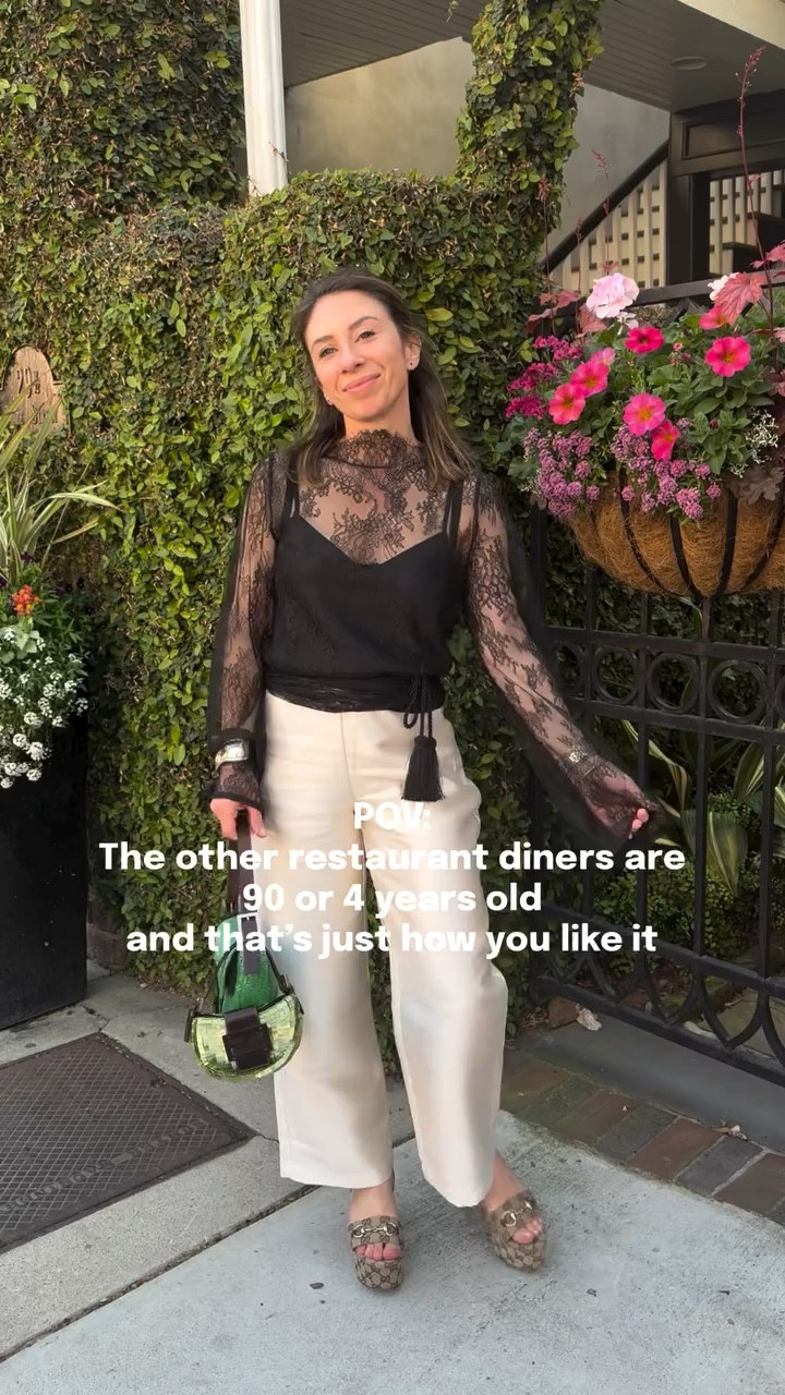 Black lace blouse and silk pants 