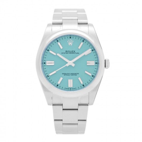 ROLEX Stainless Steel 41mm Oyster Perpetual Watch Turquoise 124300 | FASHIONPHILE | FASHIONPHILE (US)