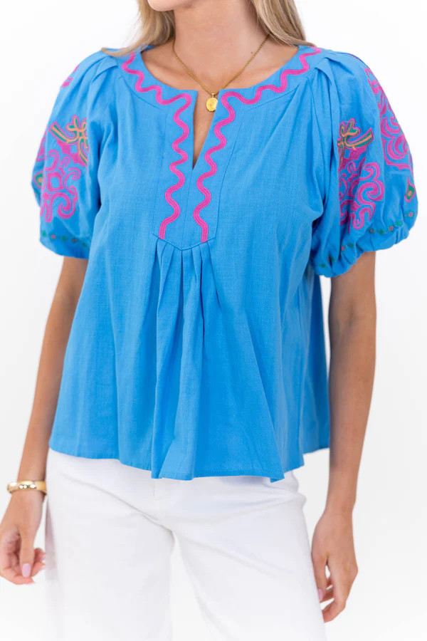 Magnolia Manor Blue Embroidered Blouse | The Mint Julep Boutique