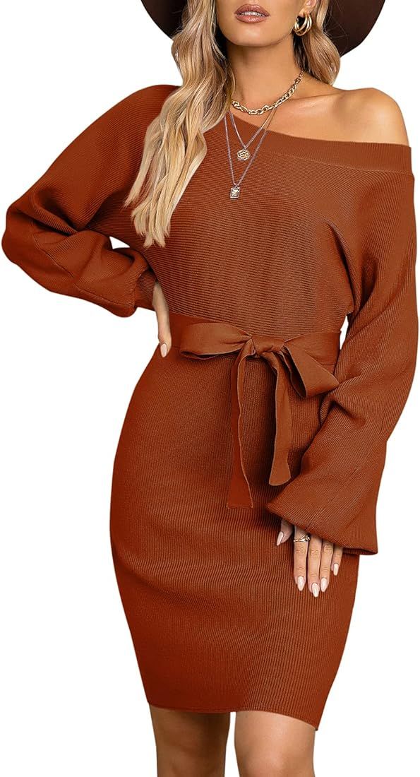 Atergens Women's Off Shoulder Sweater Dress Long Sleeve Slim Knit Dress with Belt | Amazon (US)