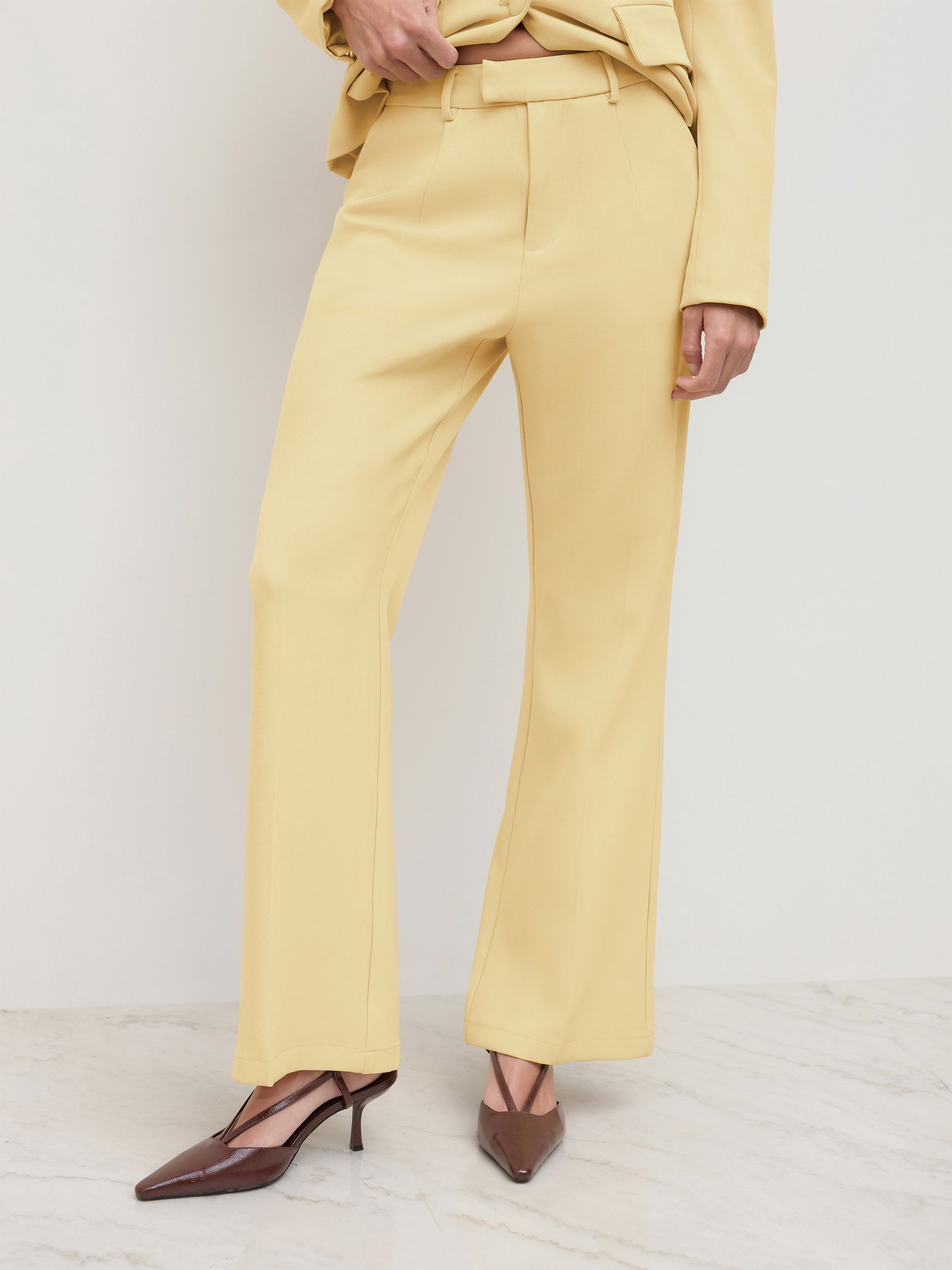 Woven Mid Rise Flared Trousers With Belt For Work | Cider