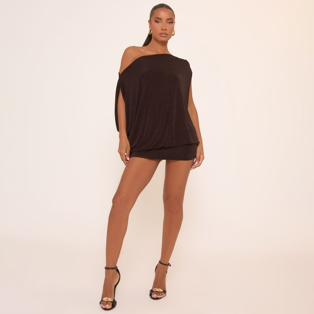 Off The Shoulder Draped Asymmetric Mini Dress In Brown | EGO (UK)