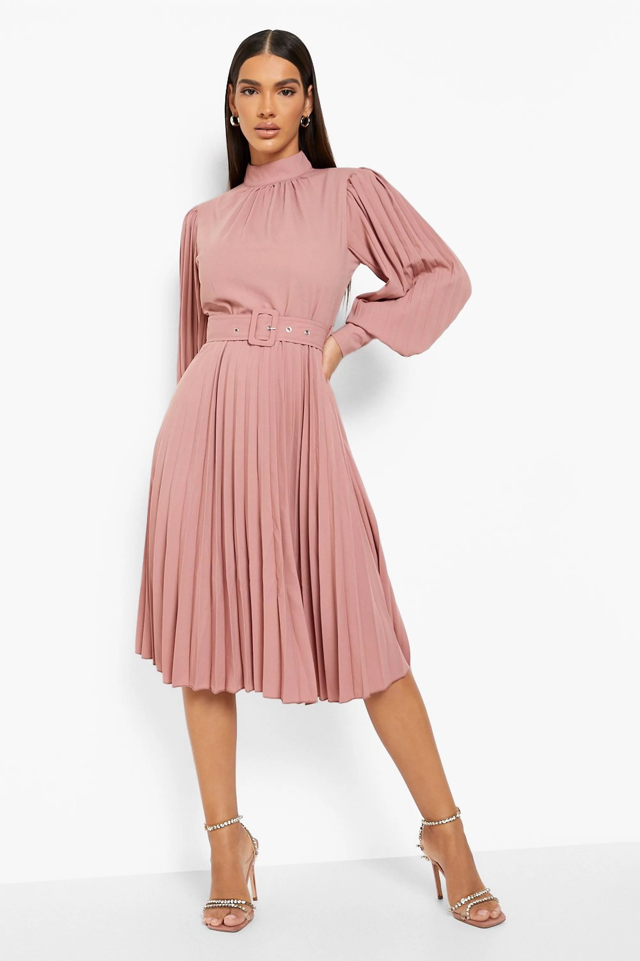 Belted High Neck Pleated Skater Dress | Boohoo.com (US & CA)
