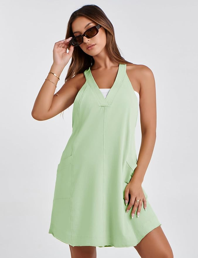 Lentta Women's V-Neck Mini Dress Sleeveless Solid Pullover Dress Casual Loose Round Back Collar S... | Amazon (US)