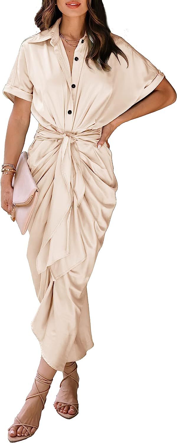 Damorong Women 2023 Spring Summer Lapel V Neck Button Down Satin Dress Belted Elegant Ruched Maxi... | Amazon (US)