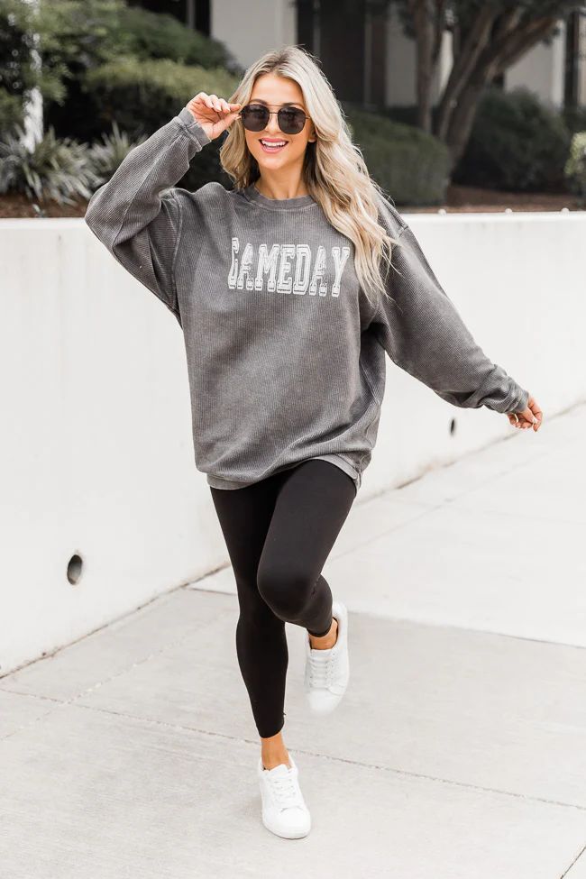 Gameday Distressed Charcoal Corded Graphic Sweatshirt | Pink Lily