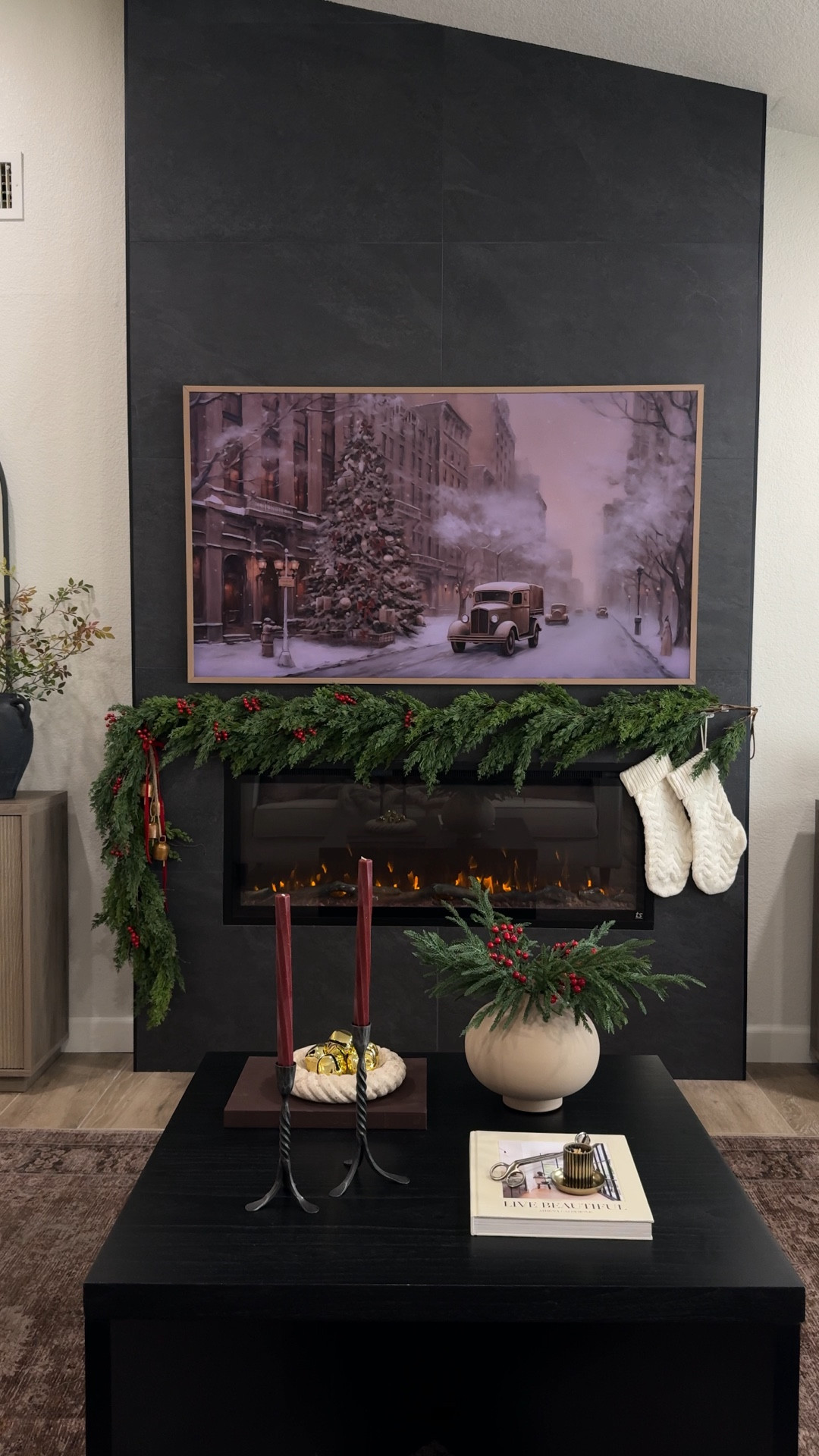 No mantel fireplace garland! I used command hooks to attach the garland to our tile fireplace, no mantel needed!! 
I used about 8 command hooks to support 2 garlands. Garland is from Hobby Lobby, similars linked 
•
•

modern fireplace Christmas decor, no mantel garland hack, command hook garland, frame TV holiday styling, tile fireplace decor, Christmas stockings display, knit stocking decor, berry garland Christmas, neutral holiday decor, cozy Christmas living room, Scandinavian holiday home, minimal holiday decorating, fireplace styling ideas, modern farmhouse Christmas, holiday decor inspo, garland without mantel, festive fireplace styling, holiday home decorating, Christmas garland setup, Hobby Lobby garland dupe, mantle-free Christmas decor, modern organic holiday decor


#LTKSeasonal #LTKHome #LTKHoliday