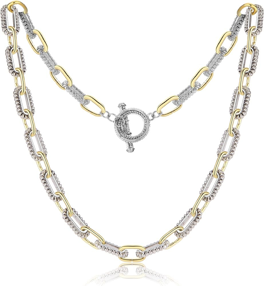 Wire Cable Necklaces for Women, Two Tone Link Chain Necklaces Circles Gold and Silver Adjustable ... | Amazon (US)