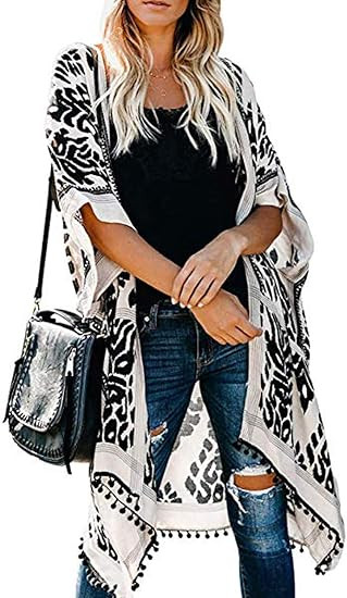 Women's Stylish Kimono Cardigan with Pom-pom, Loose Sleeveless Beach Cover Up, Fashion Swimwear C... | Amazon (US)