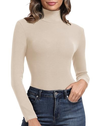 PALINDA Women's Ribbed Turtleneck Fitted Long Sleeve Shirts Basic Thermal Layering Tops(Beige XL) | Amazon (US)