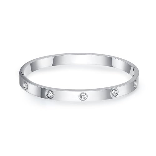 pralajew Silver Love Stainless Steel Bangle Bracelet for Women Cubic Zirconia Friendship Hinge Jewelry, Christmas Valentines Easter Mother's Day Gifts Stocking Stuffers for Sister | Amazon (US)