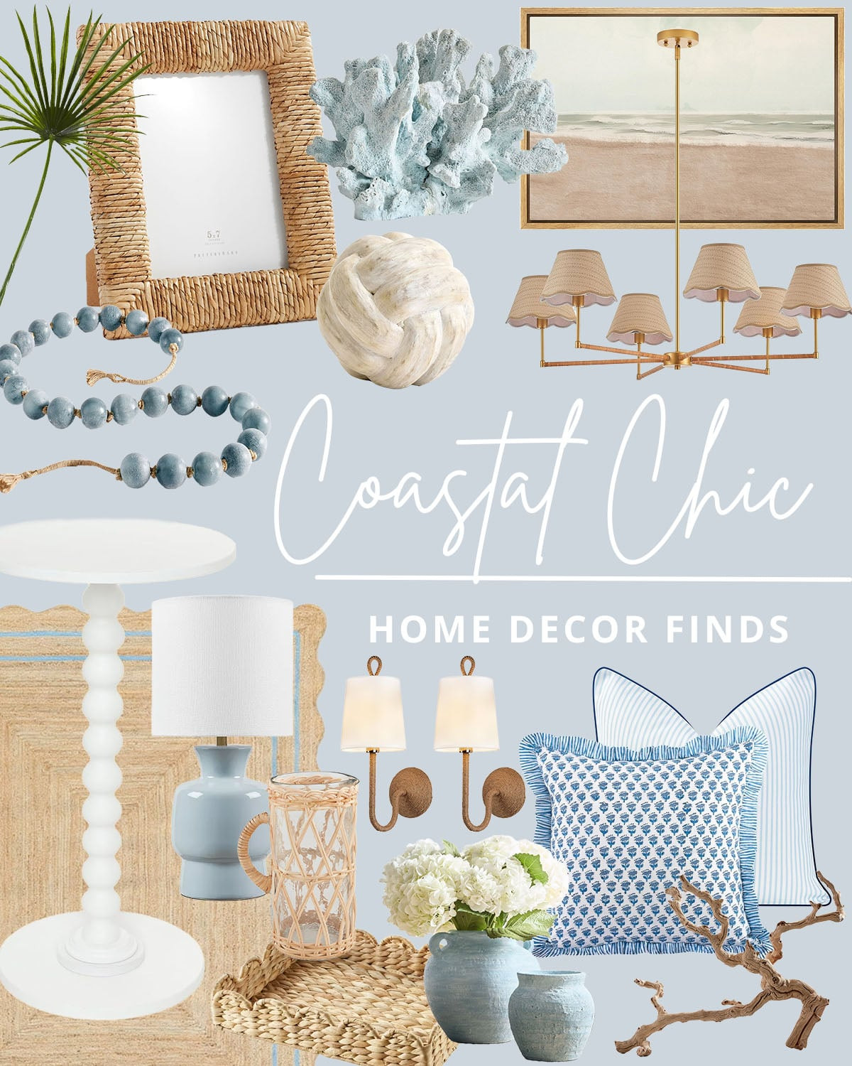 Loving these soft blues, woven textures, and coastal inspired accents. Grab your favorites.
Artificial palm plant, woven picture frame, faux blue coral, textured white knot object, beach scene framed art, brass and linen shade chandelier, blue wood bead decor, white round accent table, light blue ceramic table lamp, rattan glass pitcher, rattan wall sconces, blue handcrafted ceramic vases, blue ruffle throw pillow, blue and white striped pillow, dried grapewood branch, woven decorative tray, natural jute rug. #LTKFindsUnder50 #LTKFindsUnder100 

 #LTKHome