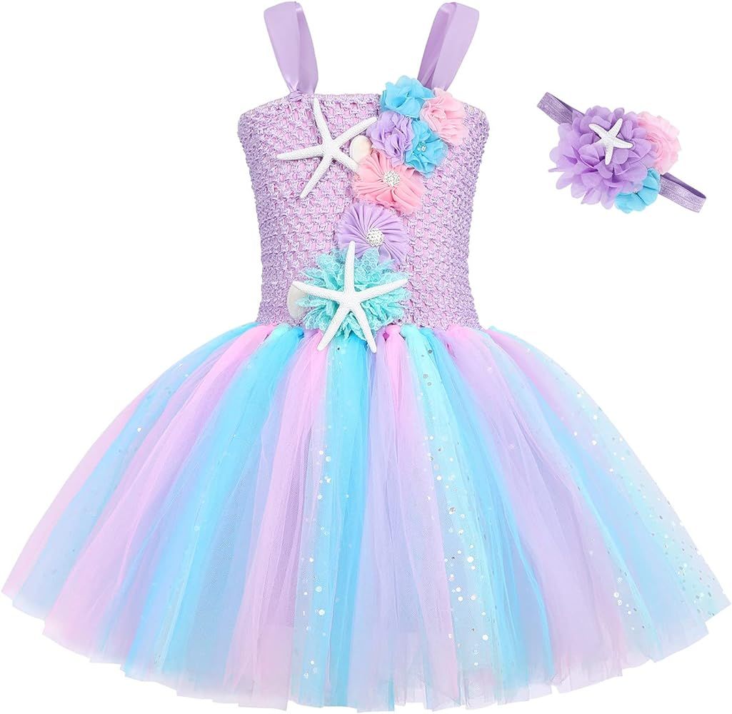Cotrio Mermaid Tulle Tutu Dress Girls Mermaid Birthday Party Princess Dress Kids Halloween Costume O | Amazon (US)