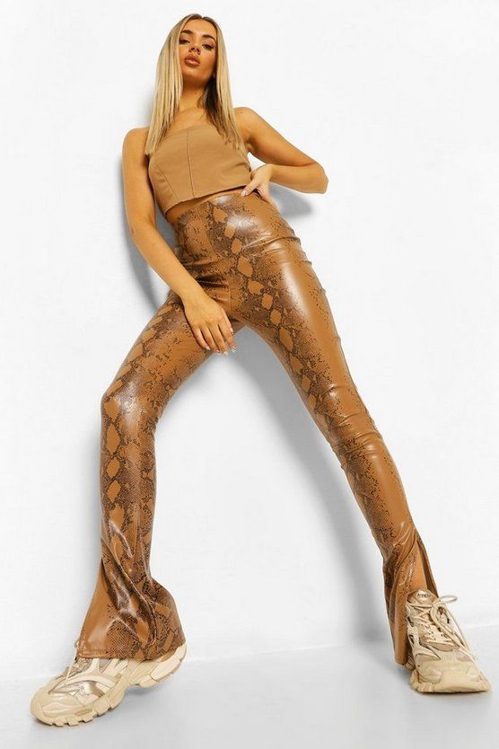 Faux Leather Snake Print Side Split Hem Pants | Boohoo.com (US & CA)