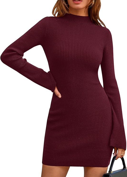 CFLONGE Fall Dresses for Women 2025 Ribbed Knit Bodycon Dress Mock Neck Bell Long Sleeve Pullover... | Amazon (US)