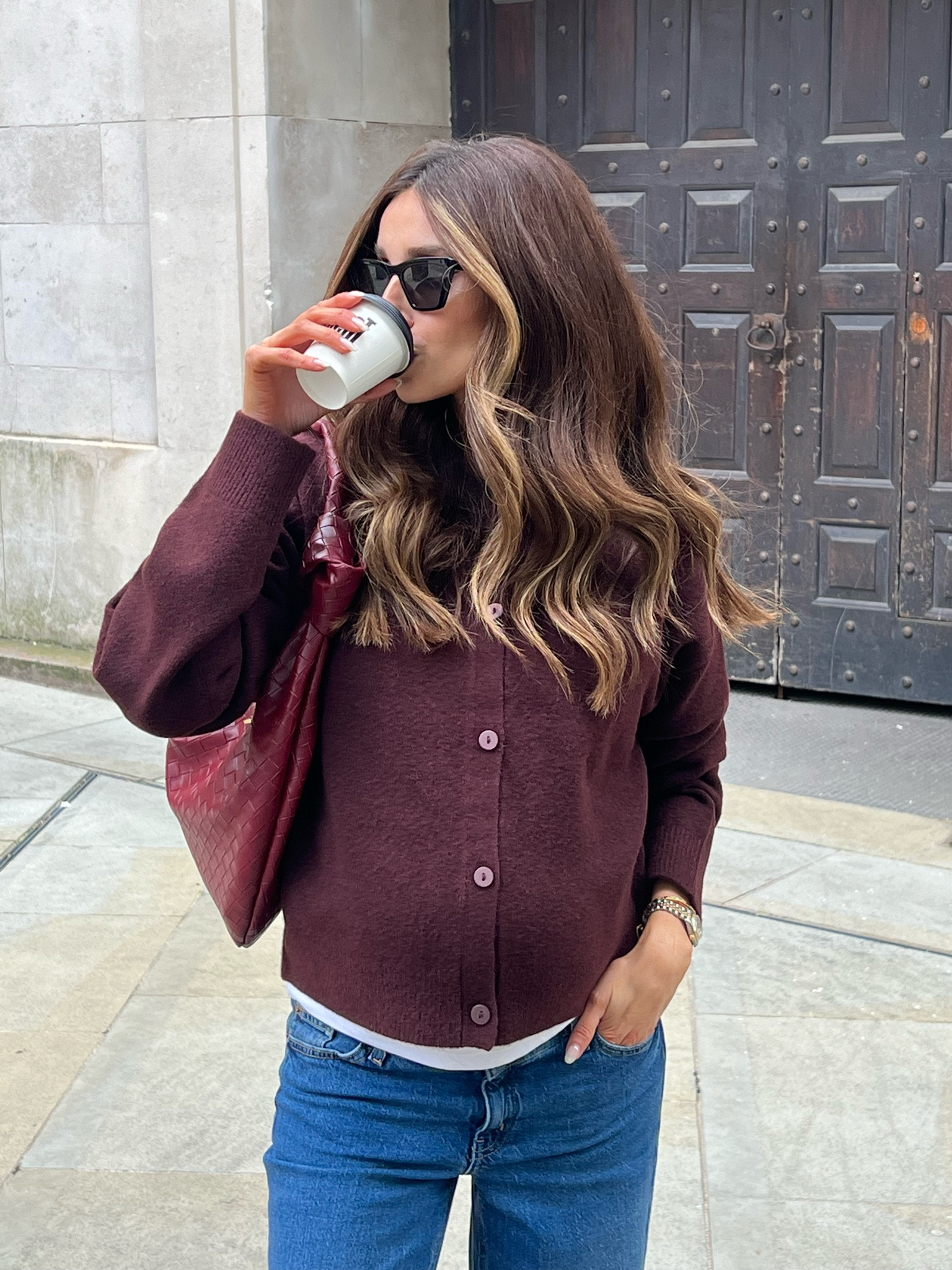 Autumn outfit with bump 🤰🏻 Burgundy cardigan from New Look, paired with cherry red weave bag and cat eye sunglasses! And some great under the bump maternity jeans 🍂 

#LTKautumn #LTKmaternity #LTKuk