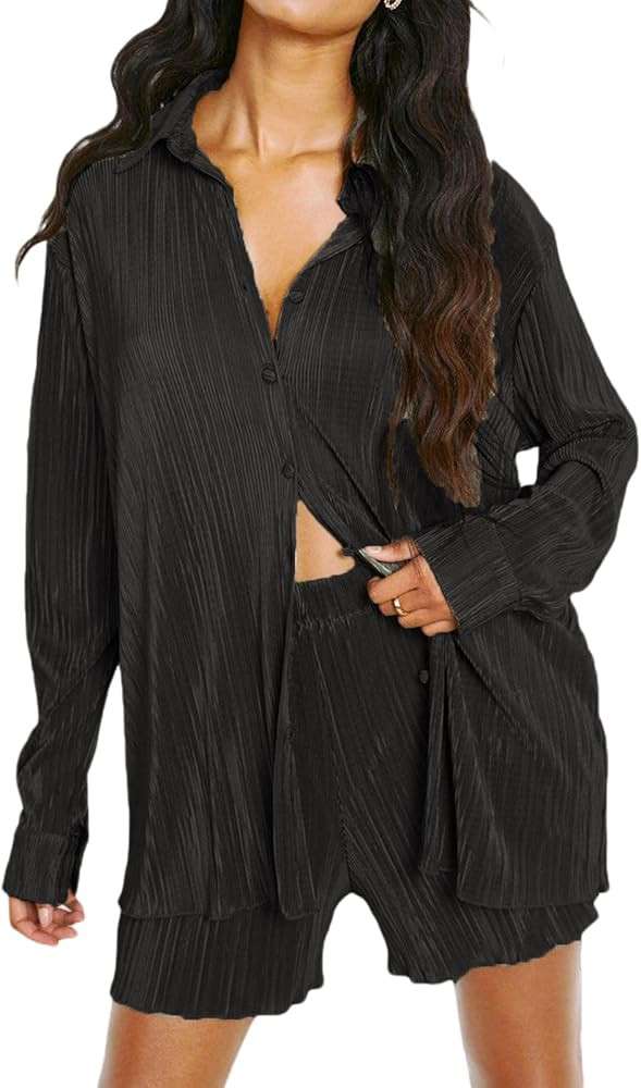 NUFIWI Women Oversized 2 Piece Outfits Pleated Long Sleeve Button Blouse Top Wide Leg Pants Sets ... | Amazon (US)