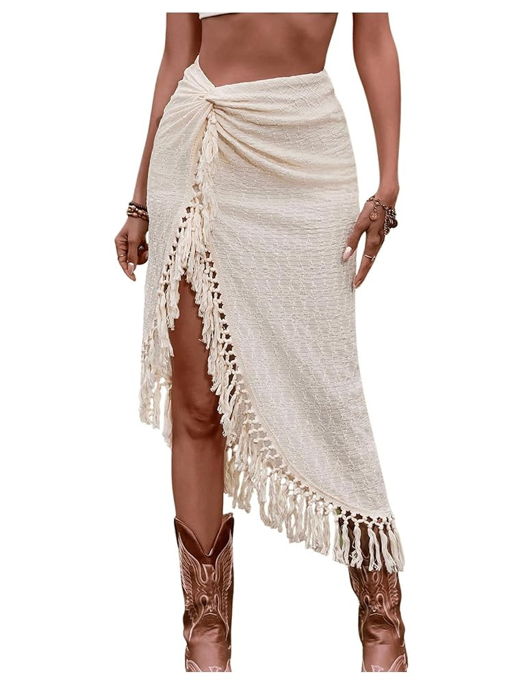 SHENHE Women's Twist Front High Slit Fringe Skirt Asymmetrical Tassel Boho Midi Skirt | Amazon (US)