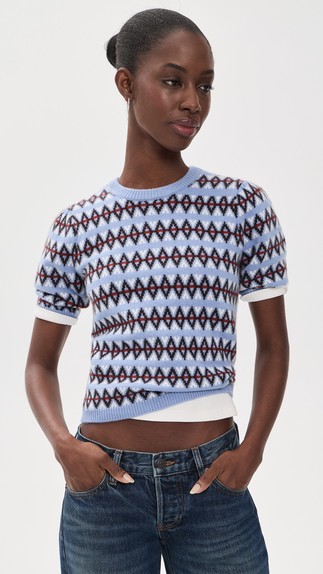 FRAME The Cashmere Crew Short Sleeve Sweater Periwinkle Fairisle M | Shopbop