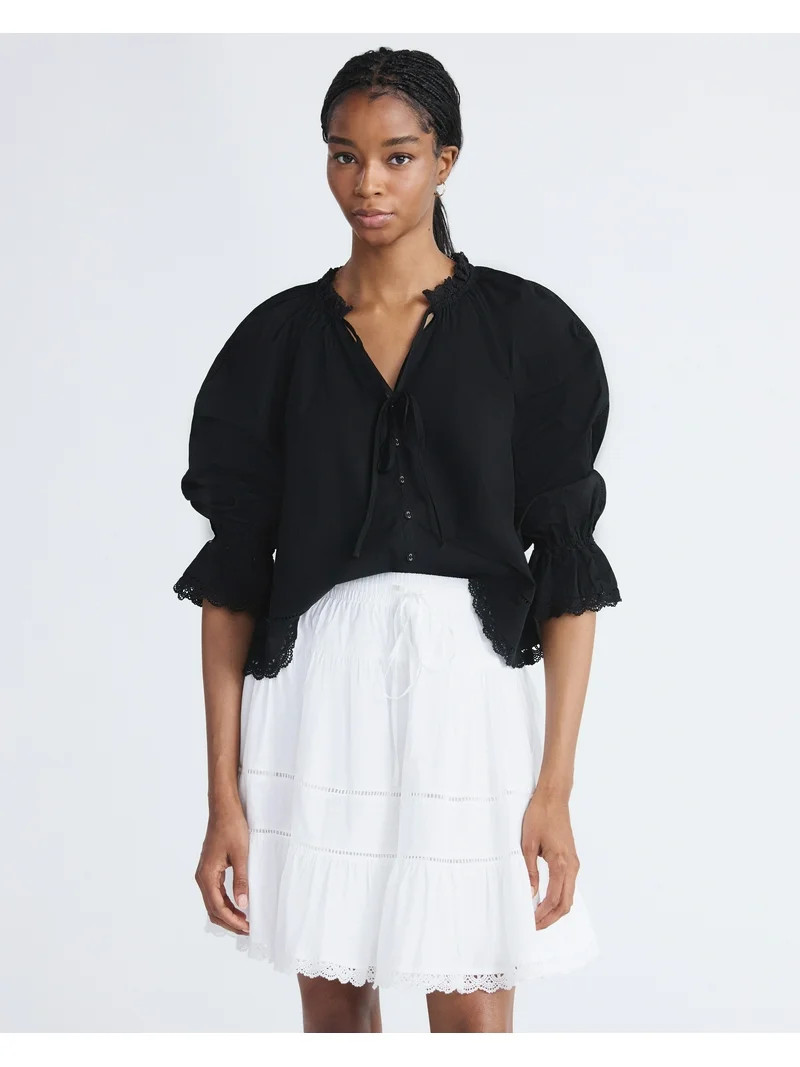 Free Assembly Women's Cotton Eyelet Ruffle Neck Blouse with Long Sleeves, Sizes XS-XXL | Walmart (US)