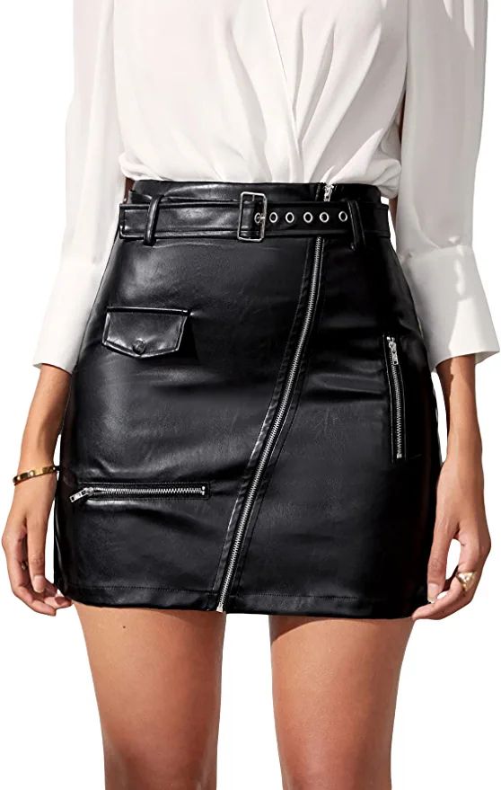 MakeMeChic Women's Faux Leather High Waist Zipper Front Belted Mini Short Skirt | Amazon (US)