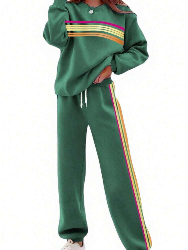 Women 2 Piece Lounge Set Rainbow Striped Sweatshirt High Waist Sweatpants Color Blocked Suit Matching Sweatsuit | SHEIN