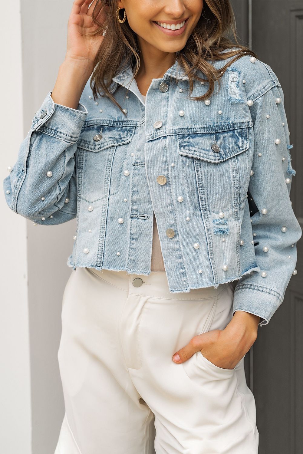 Sky Blue Pearls Beading Cropped Denim Jacket | Shewin