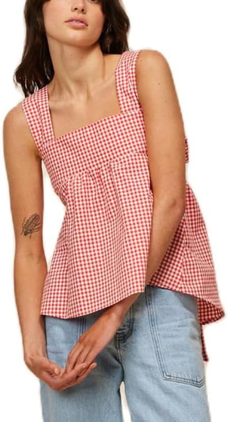 KOSUSANILL Y2k Gingham Tank Top Women Sleeveless Backless Square Neck Ruffle Peplum Babydoll Cami... | Amazon (US)