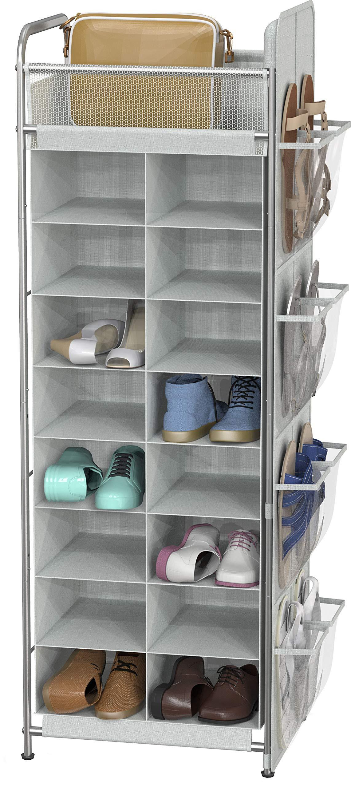 Simple Houseware Shoe Stand Tower Rack 8 Tier with Top Shelf and Side Hanging Pockets, Gray | Amazon (US)