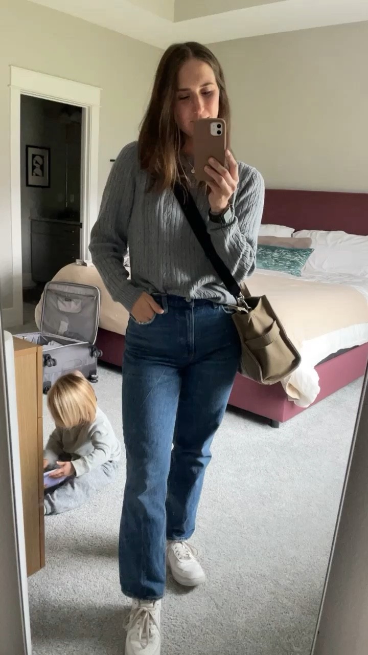 Easiest mom look atm. #cableknit #jeans #sweater #totebag #sneakers #casualoutfits 

#LTKunder100 #LTKitbag